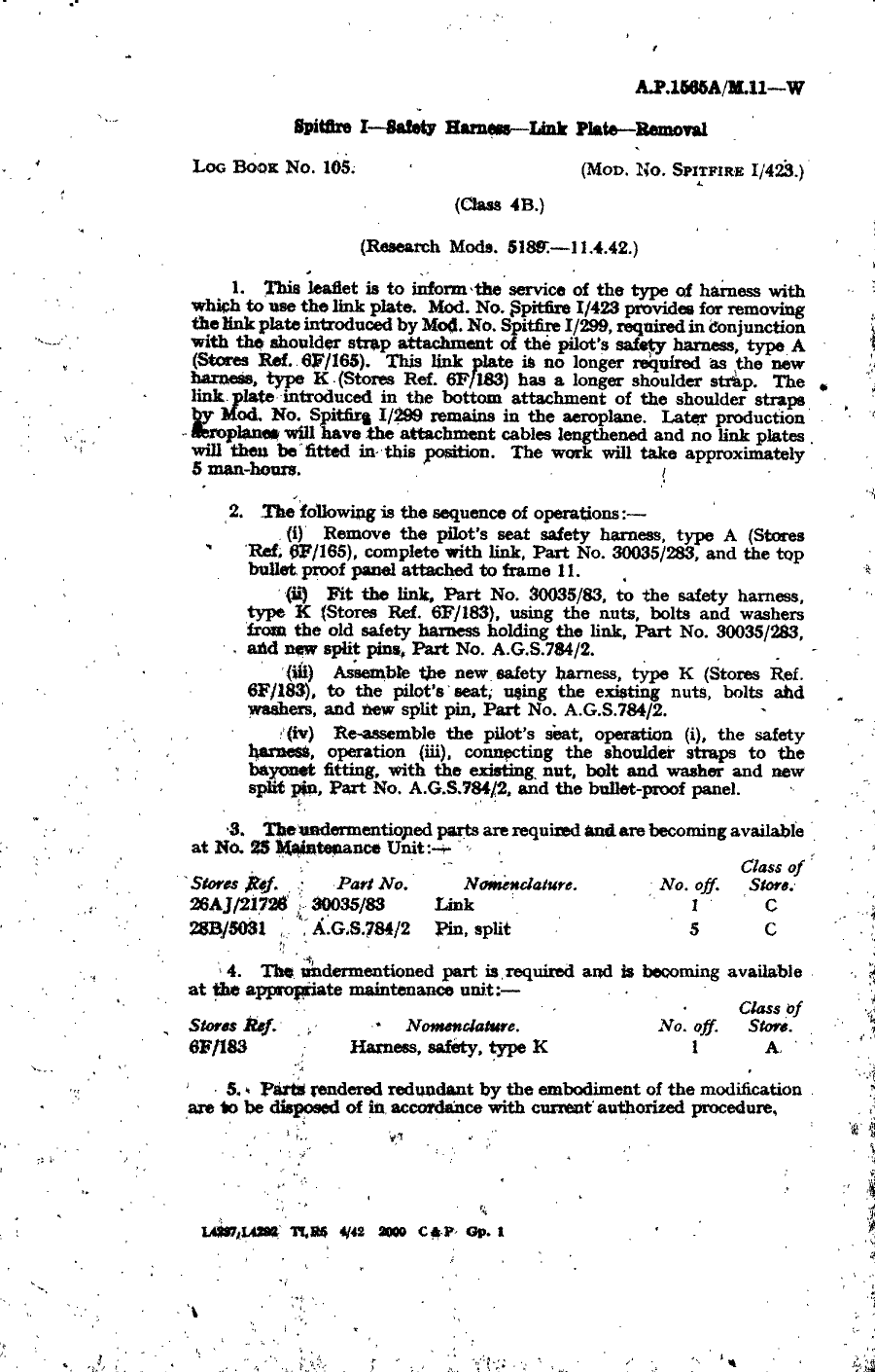 Sample page 1 from AirCorps Library document: Spitfire I Safety Harness Link Plate Removal