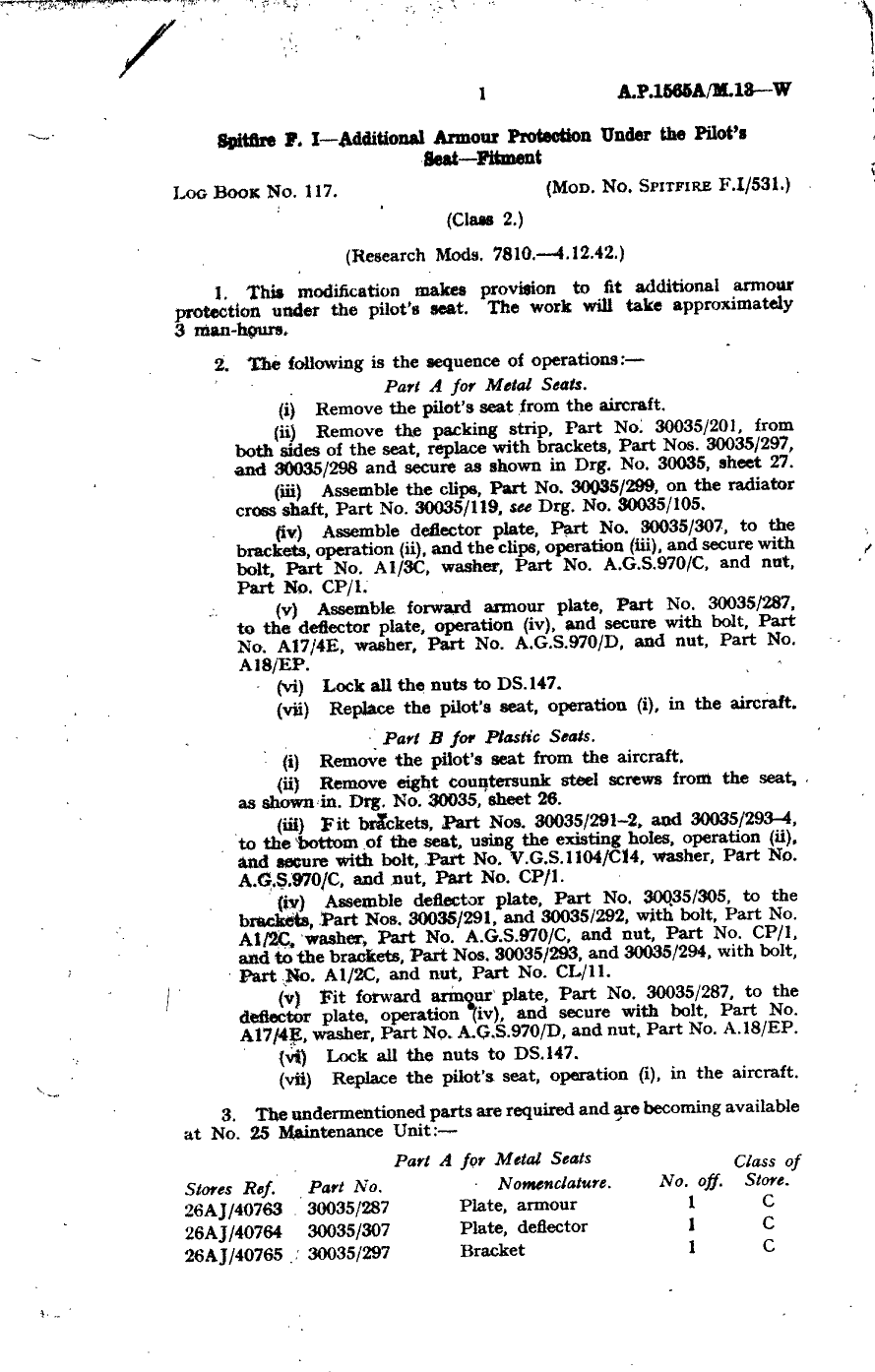 Sample page 1 from AirCorps Library document: Spitfire F.I Additional Armour Protection Under the Pilots Seat Fittment