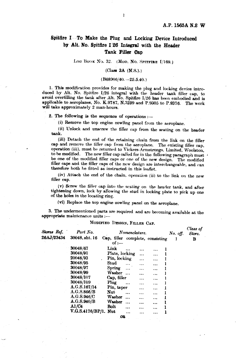 Sample page 1 from AirCorps Library document: Spitfire I To Make the Plug and Locking Device Introduced by Alt. No. 26 Integral with the Header Tank Filler Cap