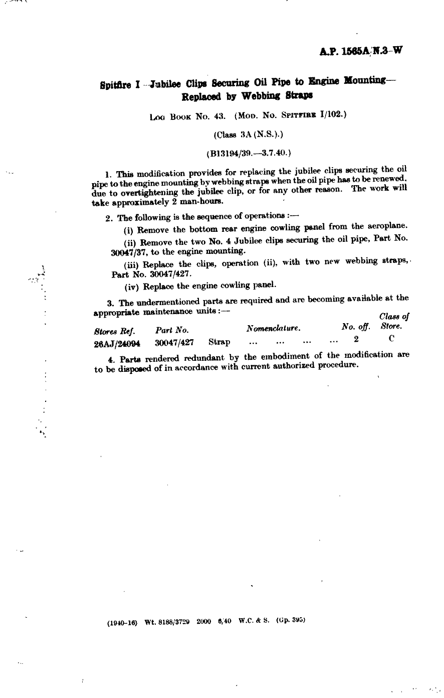 Sample page 1 from AirCorps Library document: Spitfire I Jubilee Clips Securing Oil Pipe To Engine Mounting Replaced by Webbing Straps