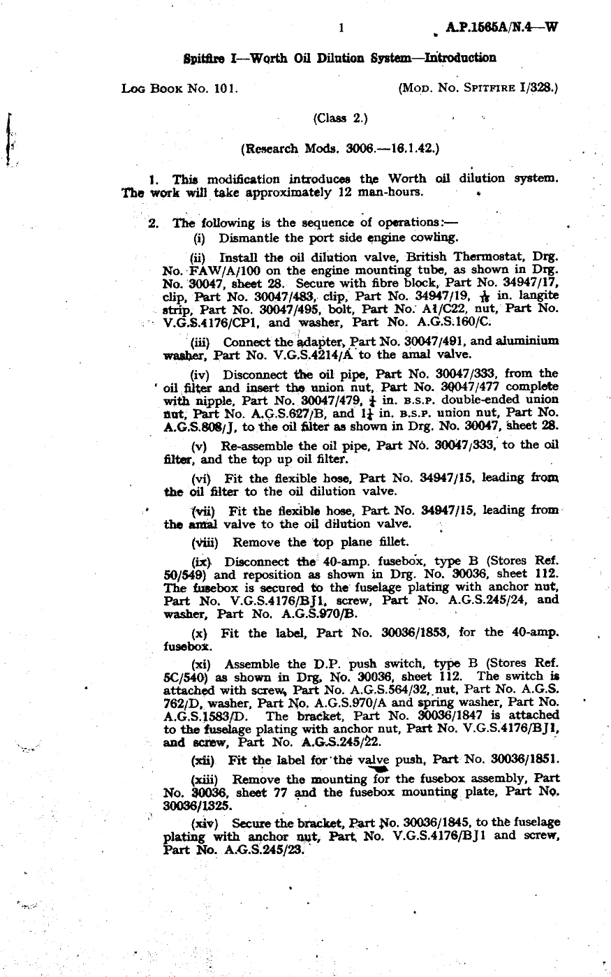 Sample page 1 from AirCorps Library document: Spitfire I Worth Oil Dilution System Introduction