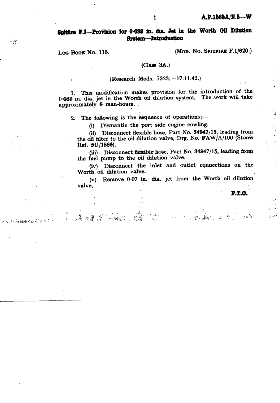 Sample page 1 from AirCorps Library document: Spitfire F.I Provision for 0.089 Inch Diameter Jet in the Worth Oil Dilution System Introduction