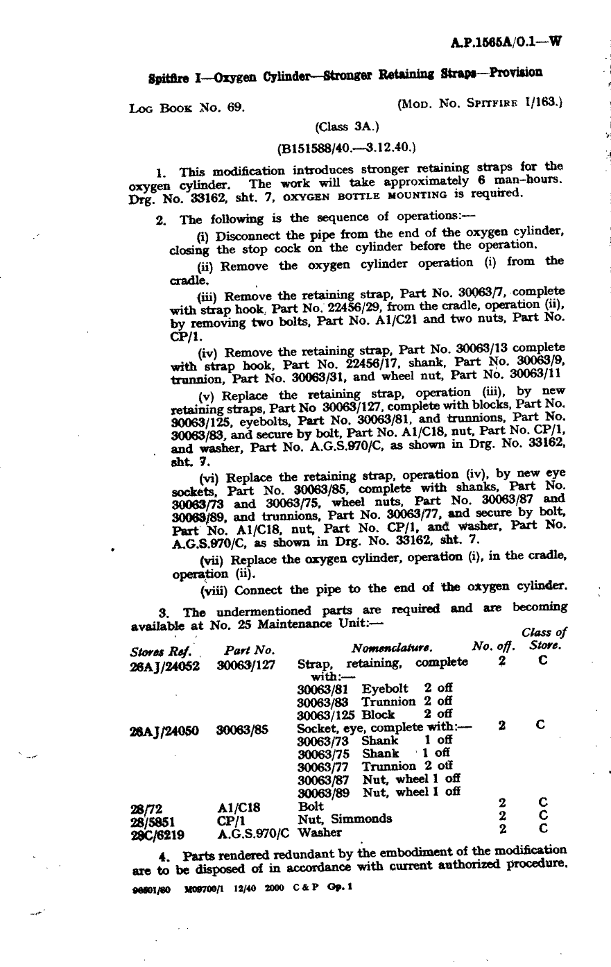 Sample page 1 from AirCorps Library document: Spitfire I Oxygen Cylinder Stronger Retaining Straps Provision