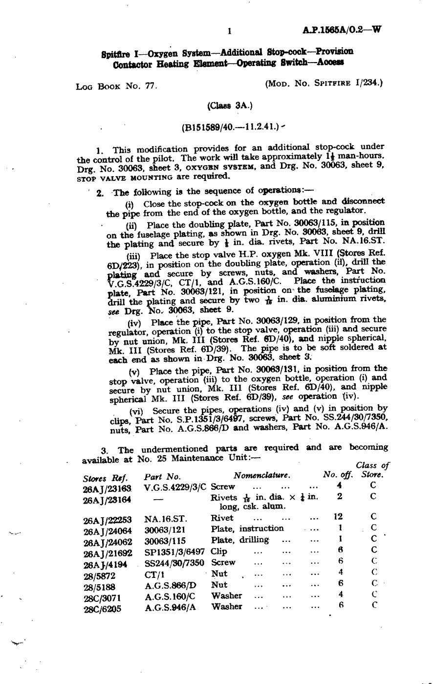 Sample page 1 from AirCorps Library document: Spitfire I Oxygen System Additional Stop Cock Provision Contractor Heating Element Operating Switch Access