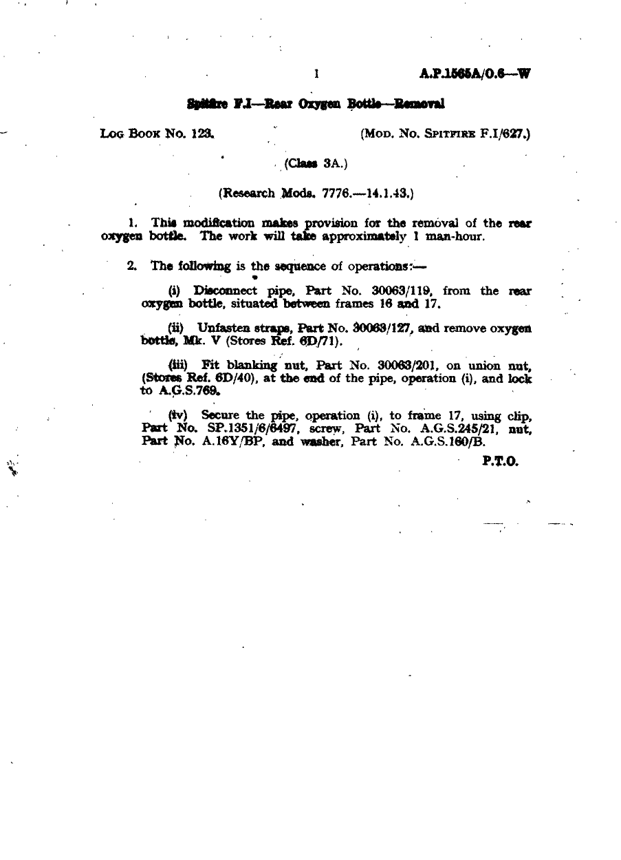 Sample page 1 from AirCorps Library document: Spitfire F.I Rear Oxygen Bottle Removal
