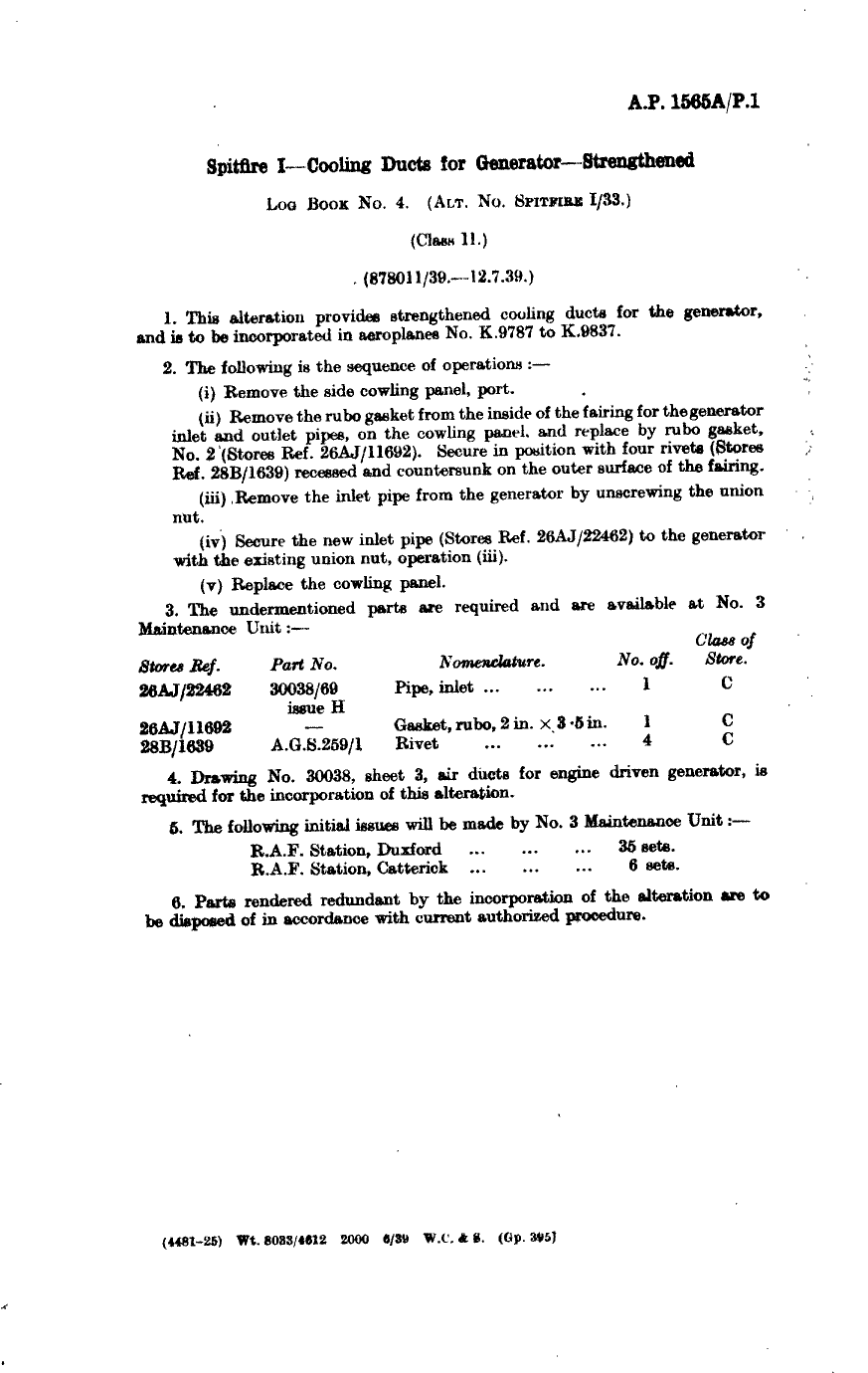Sample page 1 from AirCorps Library document: Spitfire I Cooling Ducts for Generator Strengthened