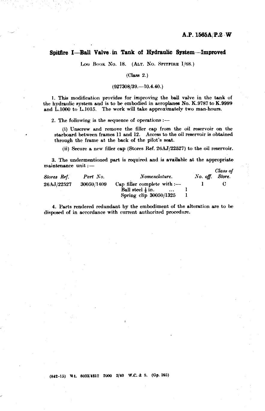 Sample page 1 from AirCorps Library document: Spitfire I Ball Valve in Tank of Hydraulic System Improved