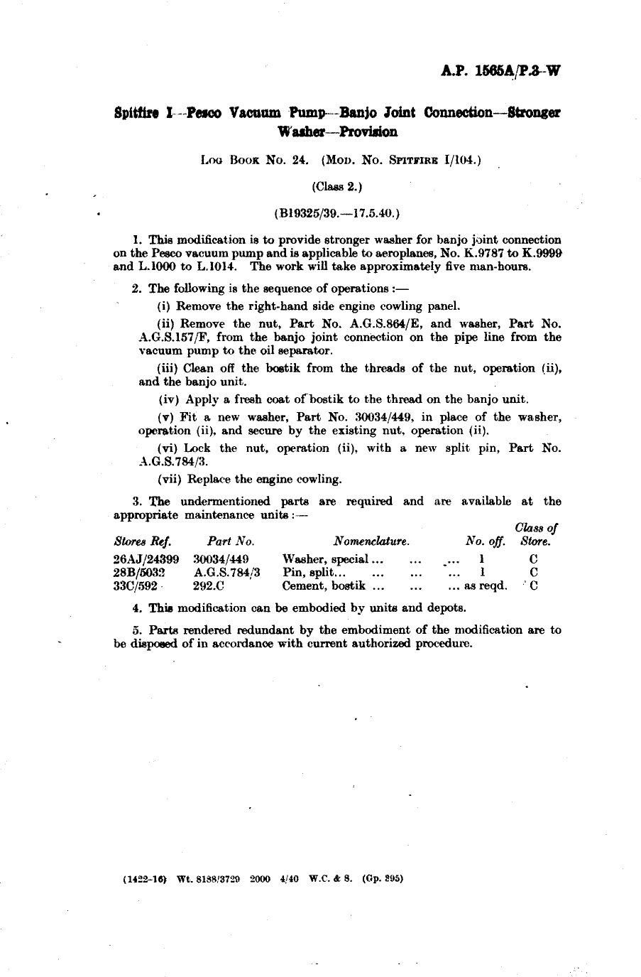 Sample page 1 from AirCorps Library document: Spitfire I Pesco Vacuum Pump Banjo Joint Connection Stronger Washer Provision