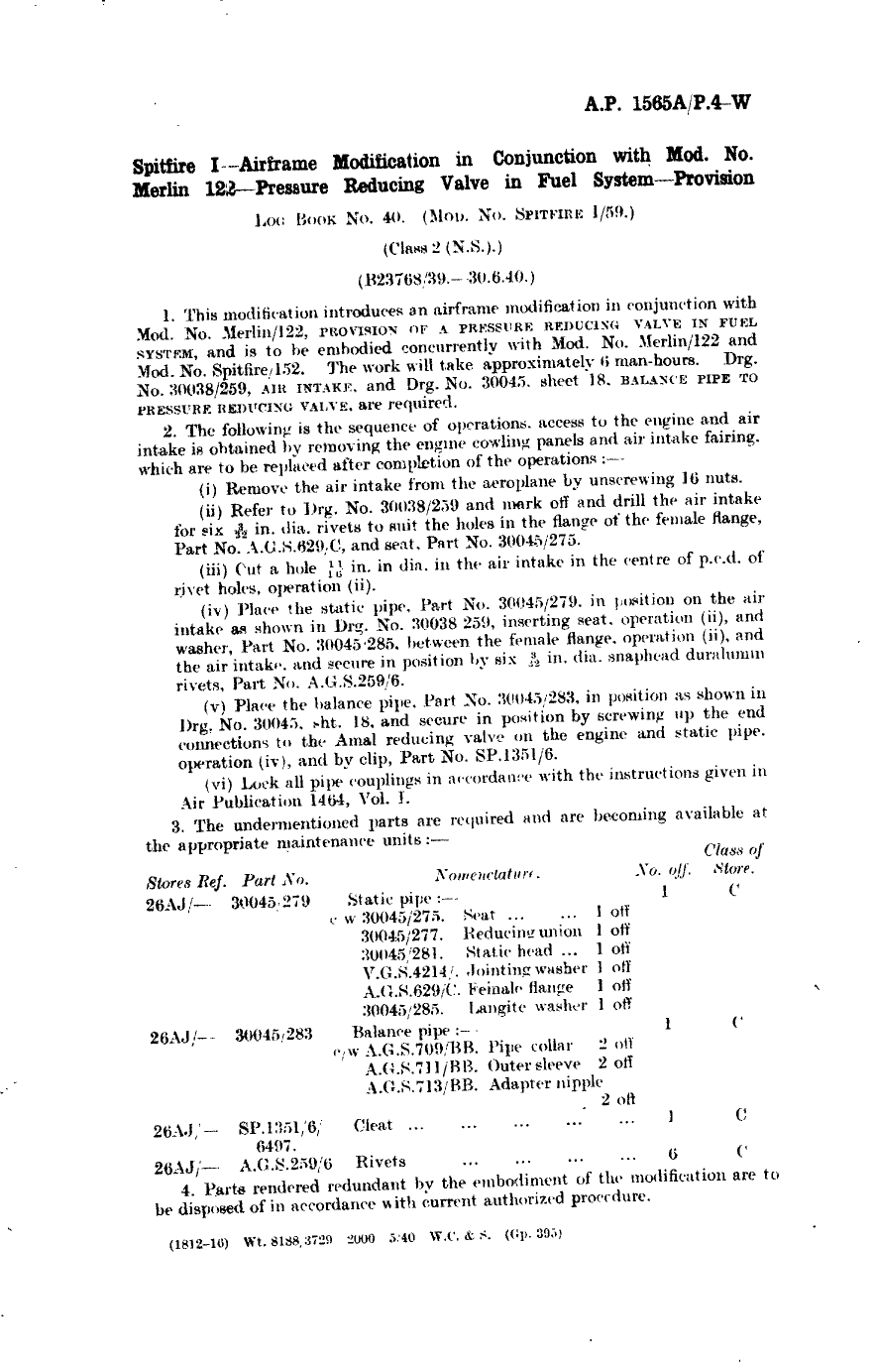 Sample page 1 from AirCorps Library document: Spitfire I Airframe Modification in Conjunction with Mod No. Merlin 122 Pressure Reducing Valve in Fuel System Provision