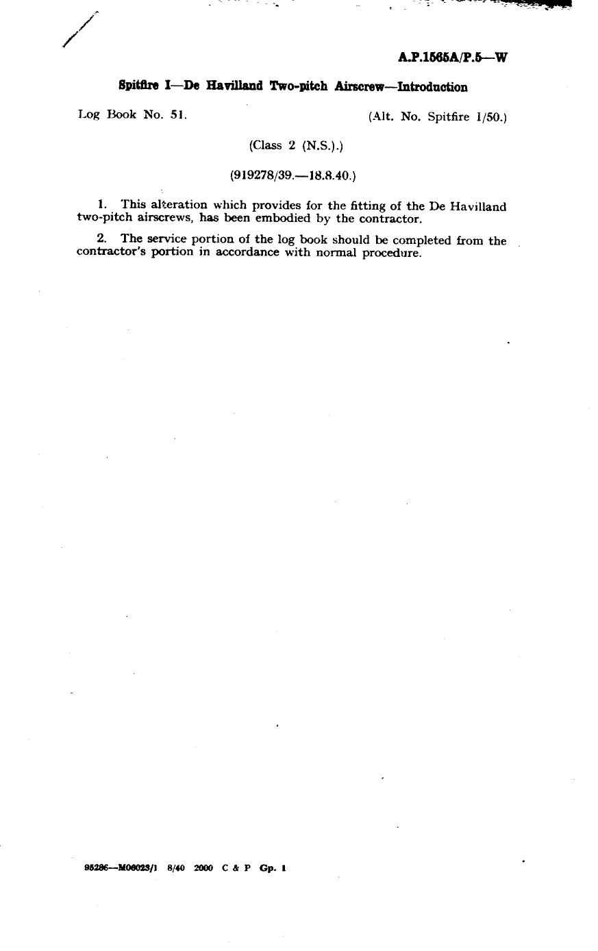 Sample page 1 from AirCorps Library document: Spitfire I De Havilland Two-Pitch Airscrew Introduction