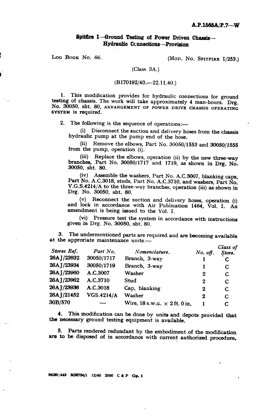 Sample page 1 from AirCorps Library document: Spitfire I Ground Testing of Power Driven Chassis Hydraulic Connections Provision