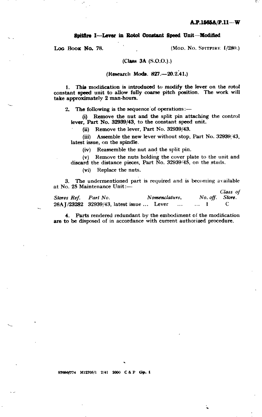 Sample page 1 from AirCorps Library document: Spitfire I Lever In Rotol Constant Speed Unit Modified
