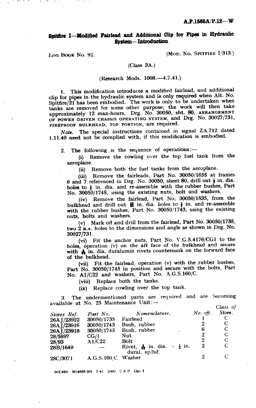 Sample page 1 from AirCorps Library document: Spitfire I Modified Fairlead and Additional Clip for Pipes in Hydraulic System Introduction