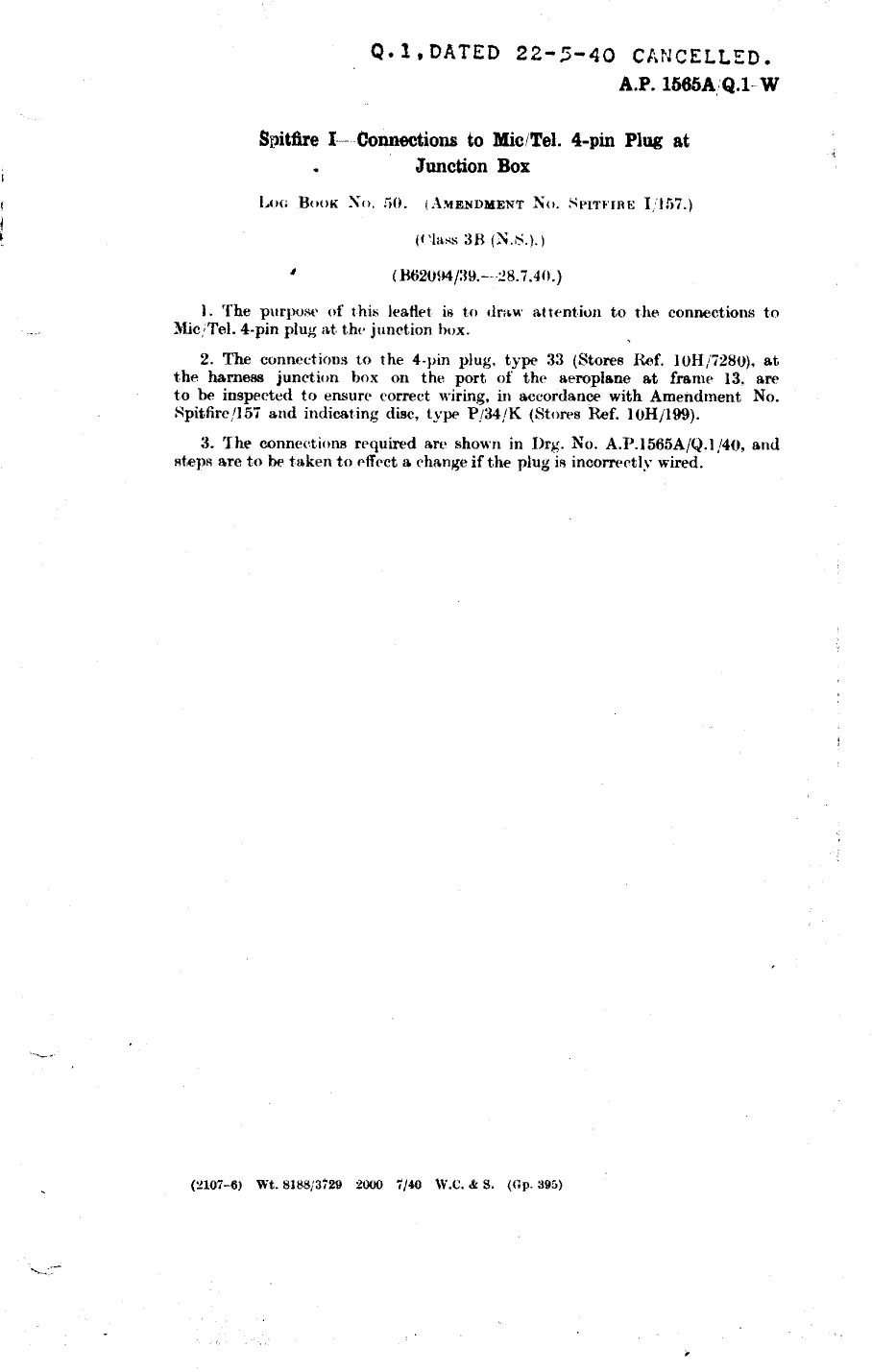 Sample page 1 from AirCorps Library document: Spitfire I Connections to Mic-Tel. 4-Pin Plug at Junction Box