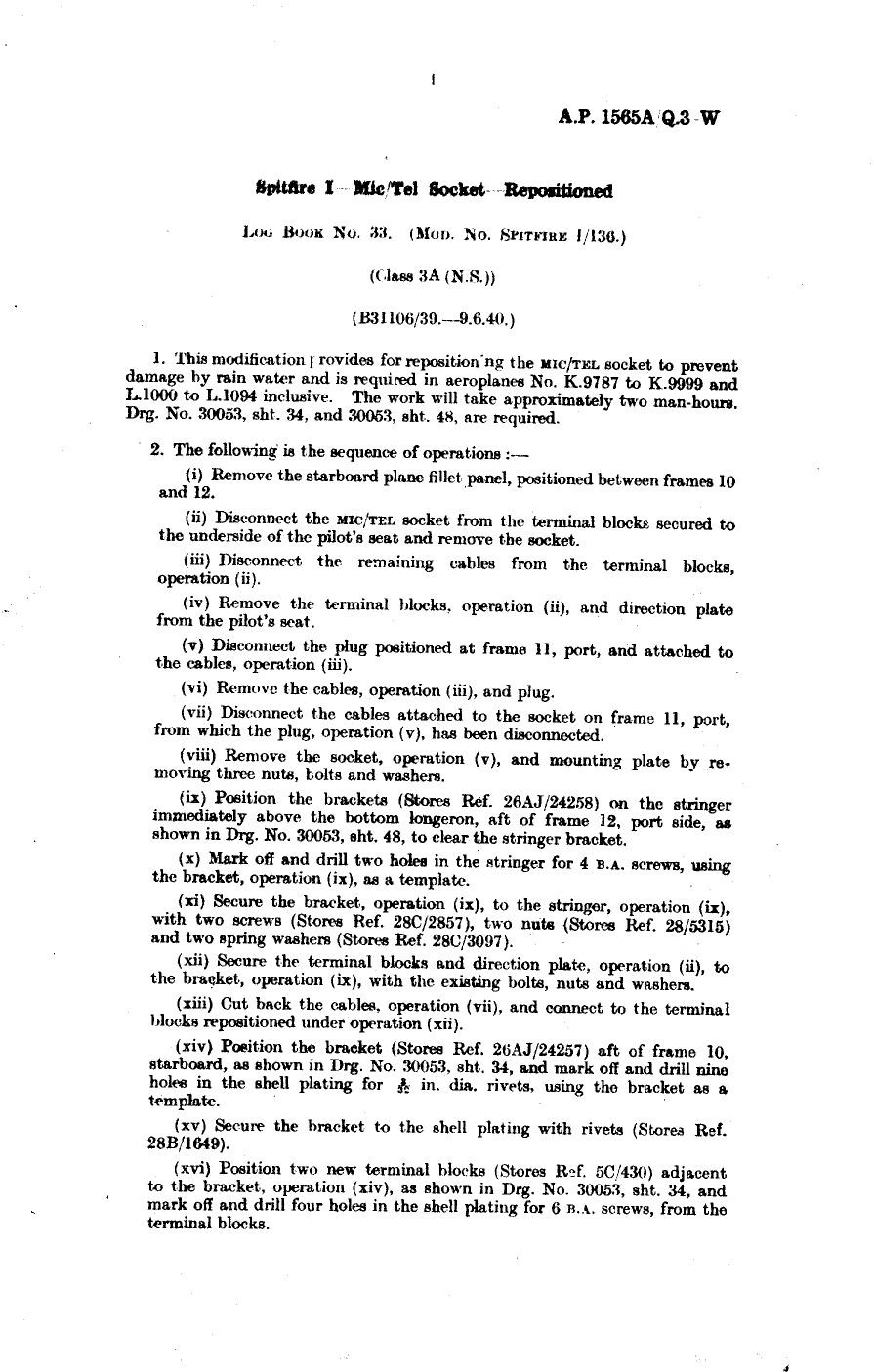 Sample page 1 from AirCorps Library document: Spitfire I Mic-Tel Socket Repositioned