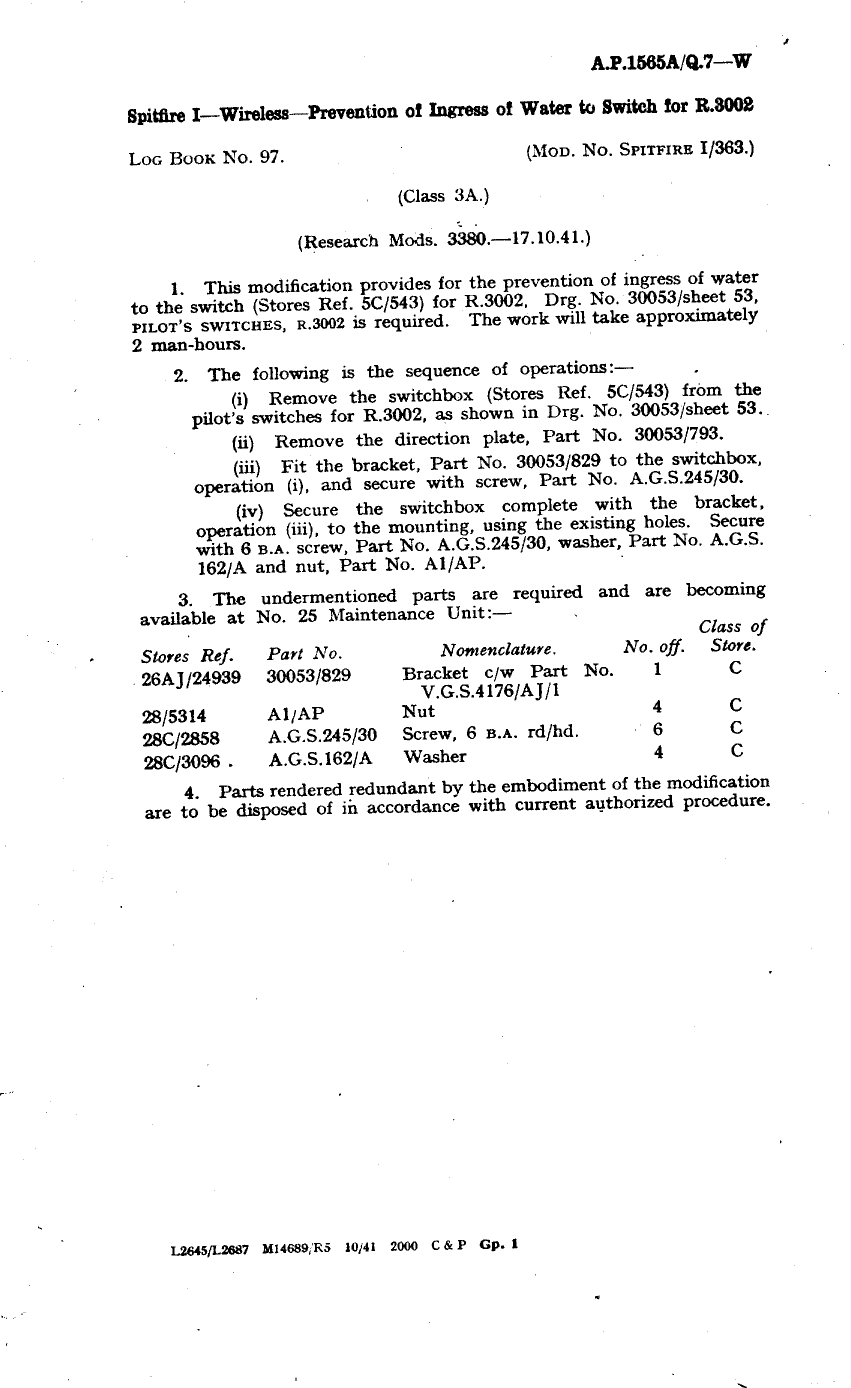 Sample page 1 from AirCorps Library document: Spitfire I Wireless Prevention of Ingress of Water to Switch for R.3002