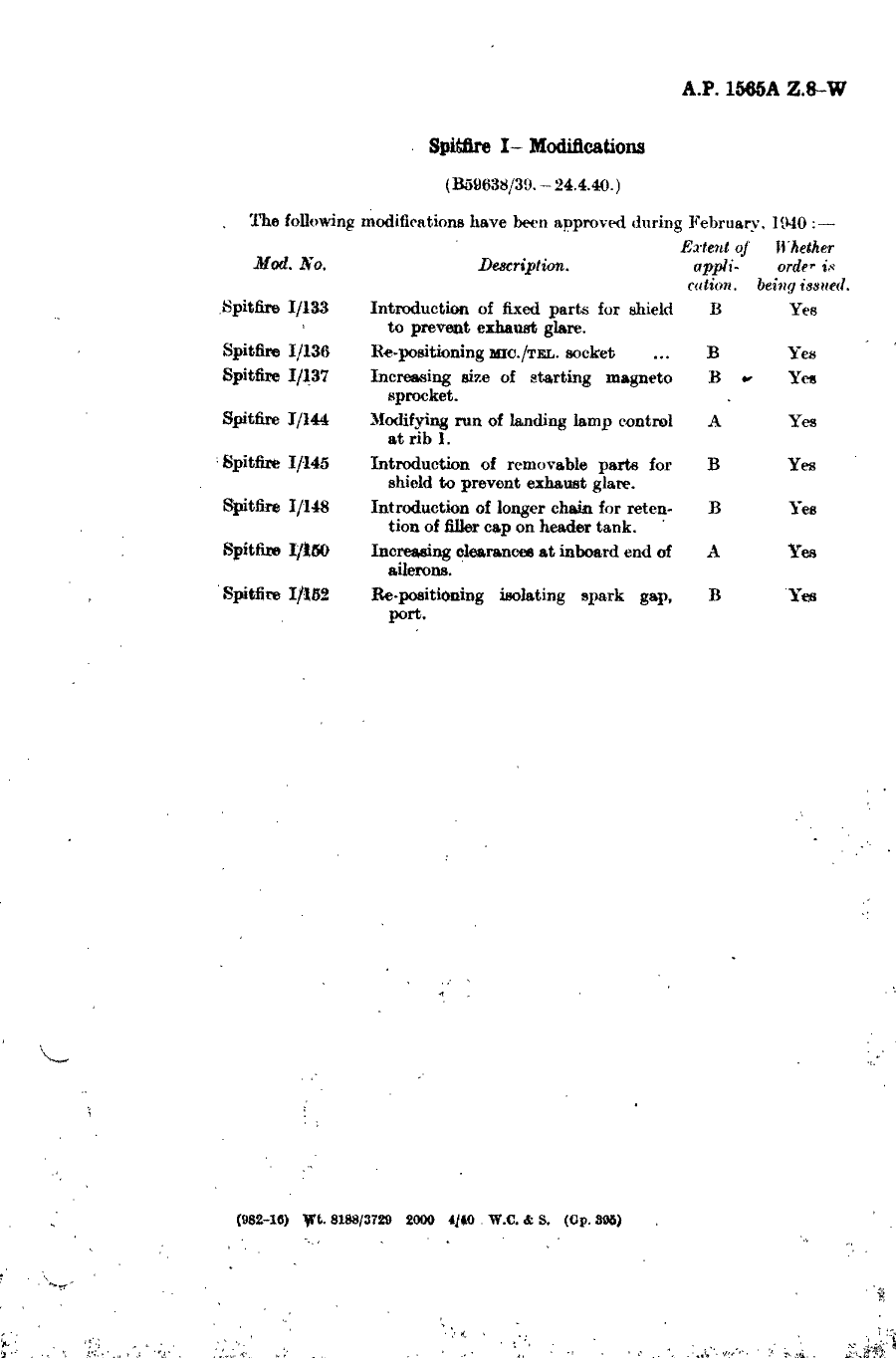 Sample page 1 from AirCorps Library document: Spitfire I Modifications 133, 136, 137, 144, 145, 148, 150 and 152