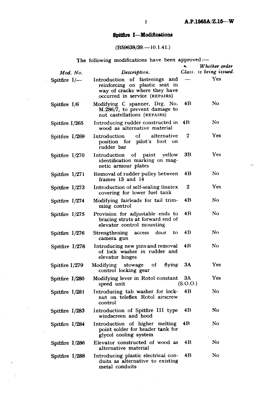 Sample page 1 from AirCorps Library document: Spitfire I Modifications 6, 265, 269, 270, 271, 273, 274, 275, 276, 278, 279, 280, 281, 283, 284, 286, 288, and 303