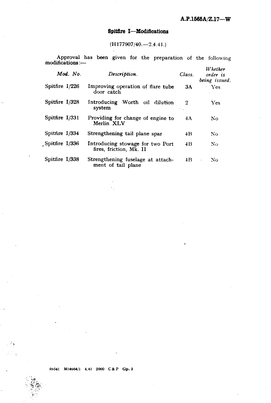 Sample page 1 from AirCorps Library document: Spitfire I Modifications 226, 328, 331, 334, 336 and 338
