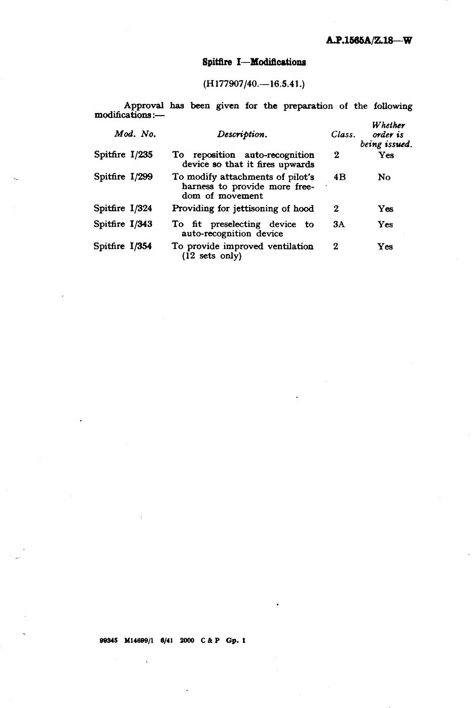 Sample page 1 from AirCorps Library document: Spitfire I Modifications 235, 299, 324, 343 and 354