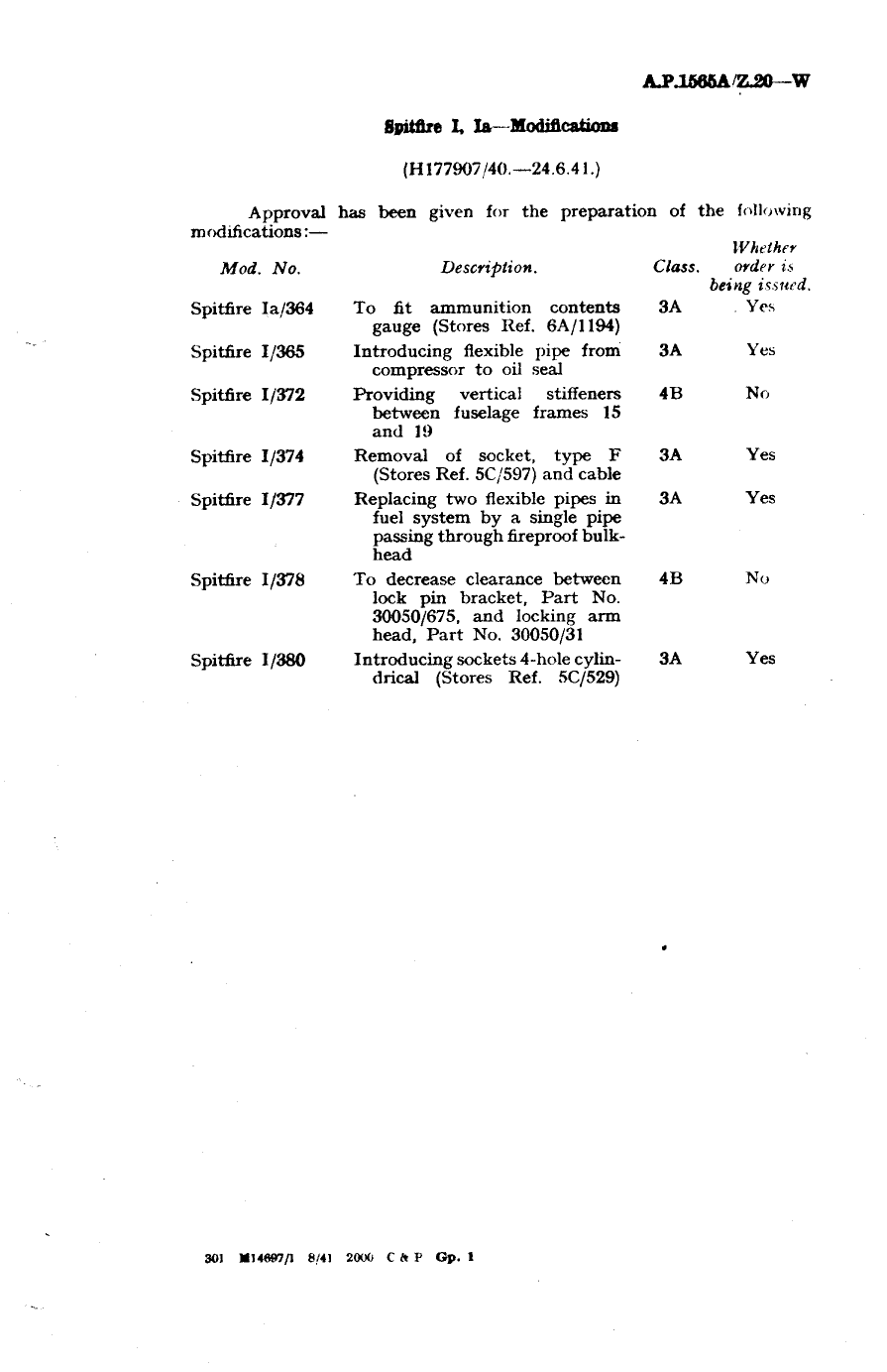 Sample page 1 from AirCorps Library document: Spitfire I and IA Modifications 364, 365, 372, 374, 377, 378 and 380