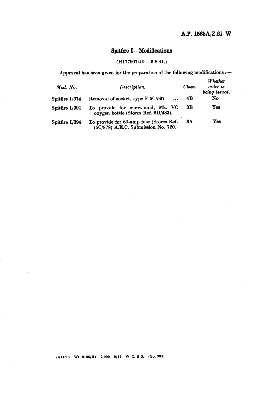 Sample page 1 from AirCorps Library document: Spitfire I Modifications 374, 391 and 394