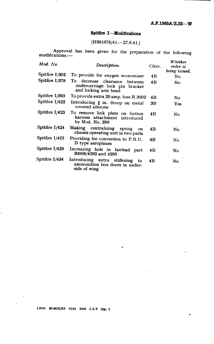 Sample page 1 from AirCorps Library document: Spitfire I Modifications 302, 378, 393, 422, 423, 424, 425, 429 and 434