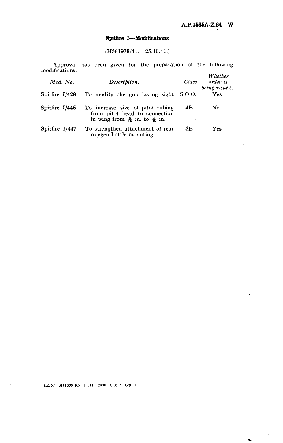 Sample page 1 from AirCorps Library document: Spitfire I Modifications 428, 445 and 447