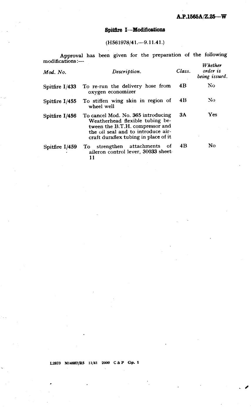 Sample page 1 from AirCorps Library document: Spitfire I Modifications 433, 455, 456 and 459