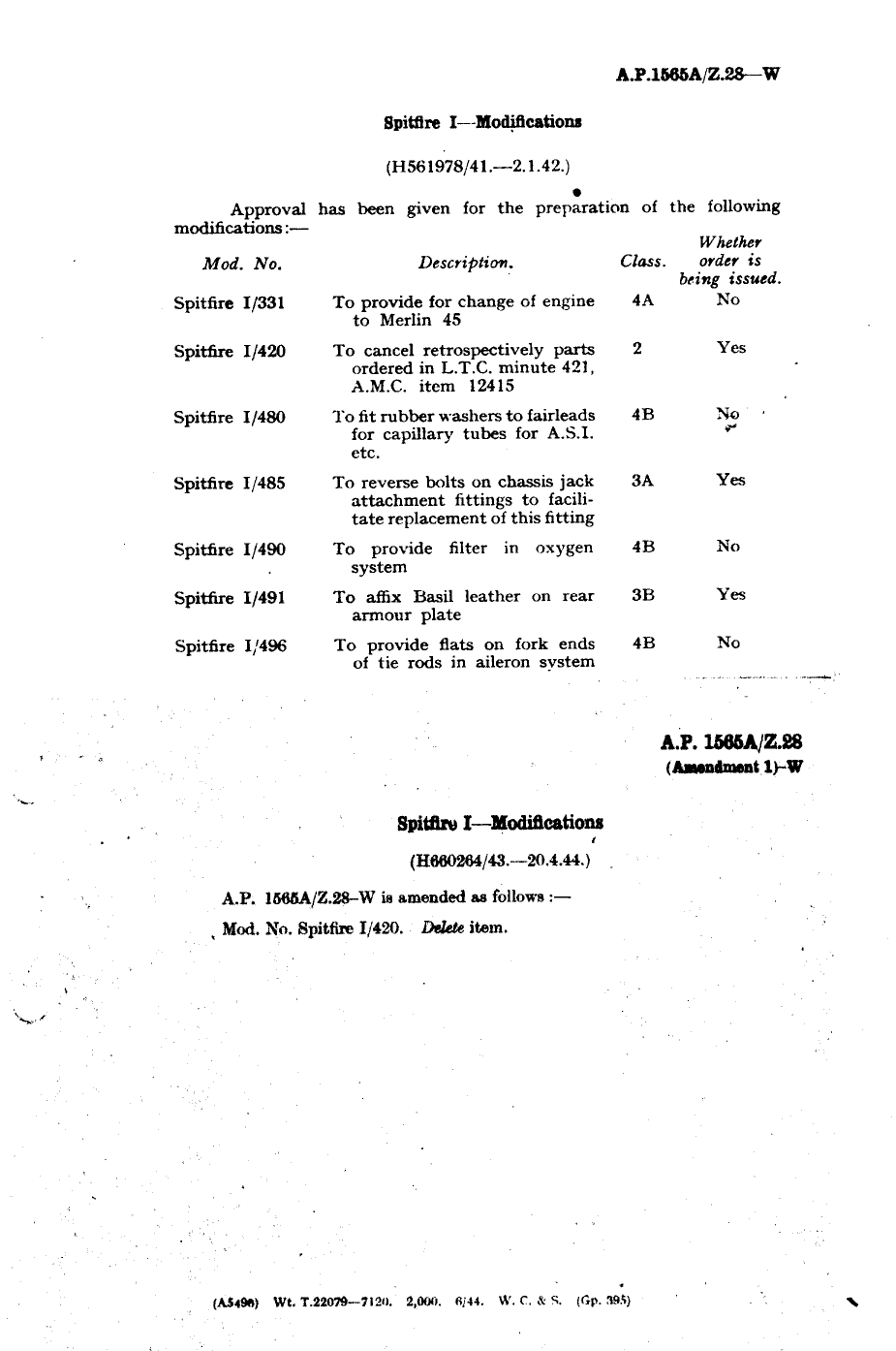 Sample page 1 from AirCorps Library document: Spitfire I Modifications 331, 420, 480, 485, 490, 491 and 496