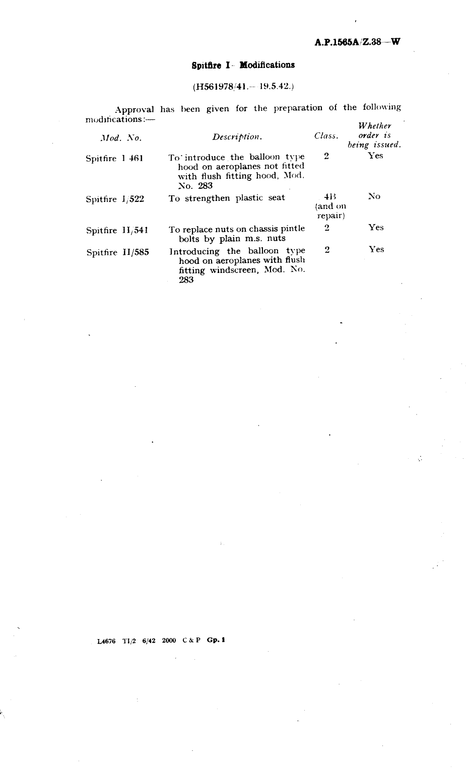 Sample page 1 from AirCorps Library document: Spitfire I Modifications 461, 522, 541 and 585