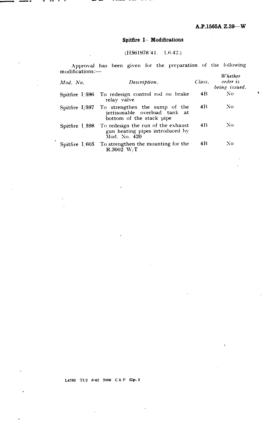Sample page 1 from AirCorps Library document: Spitfire I Modifications 596, 597, 598 and 605