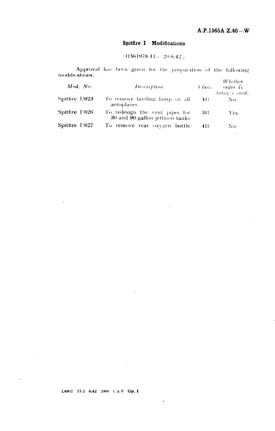 Sample page 1 from AirCorps Library document: Spitfire I Modifications 623, 626, and 627