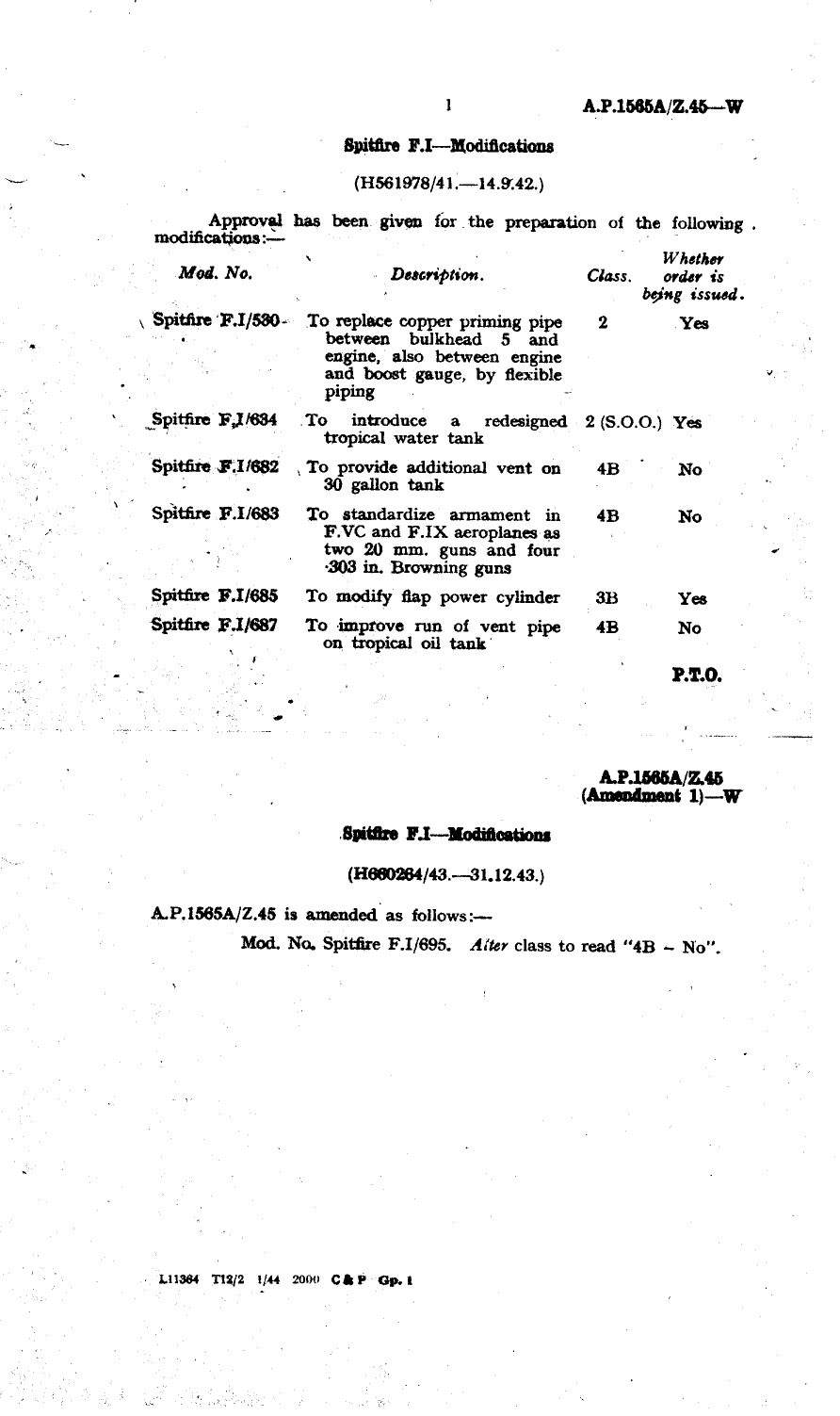 Sample page 1 from AirCorps Library document: Spitfire F.I Modifications 530, 634, 682, 683, 685, and 687