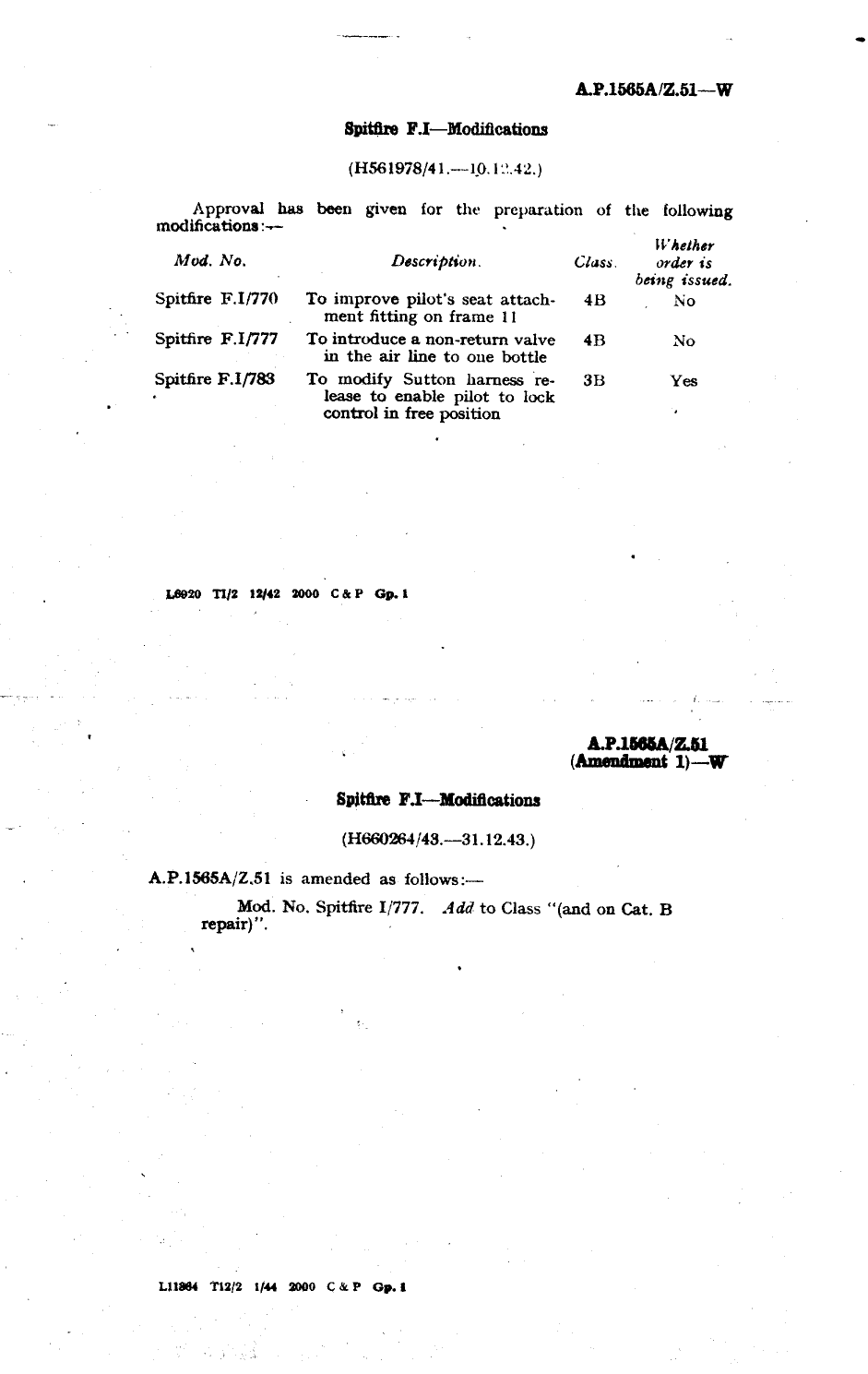 Sample page 1 from AirCorps Library document: Spitfire F.I Modifications 770, 777, and 783