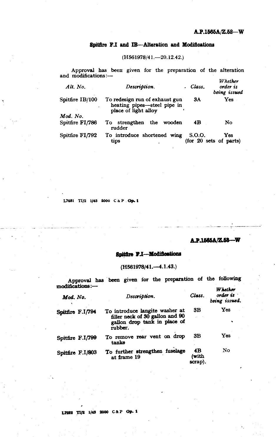 Sample page 1 from AirCorps Library document: Spitfire F.I and IB Alteration and Modifications 100, 786, and 792