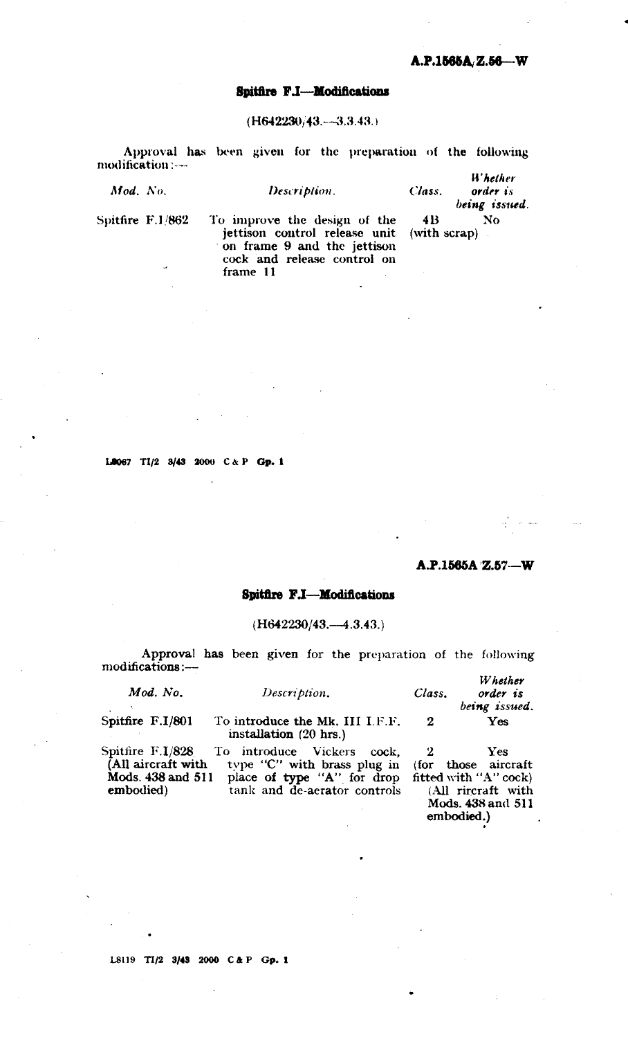 Sample page 1 from AirCorps Library document: Spitfire F.I Modifications 801, 828, 438, and 511