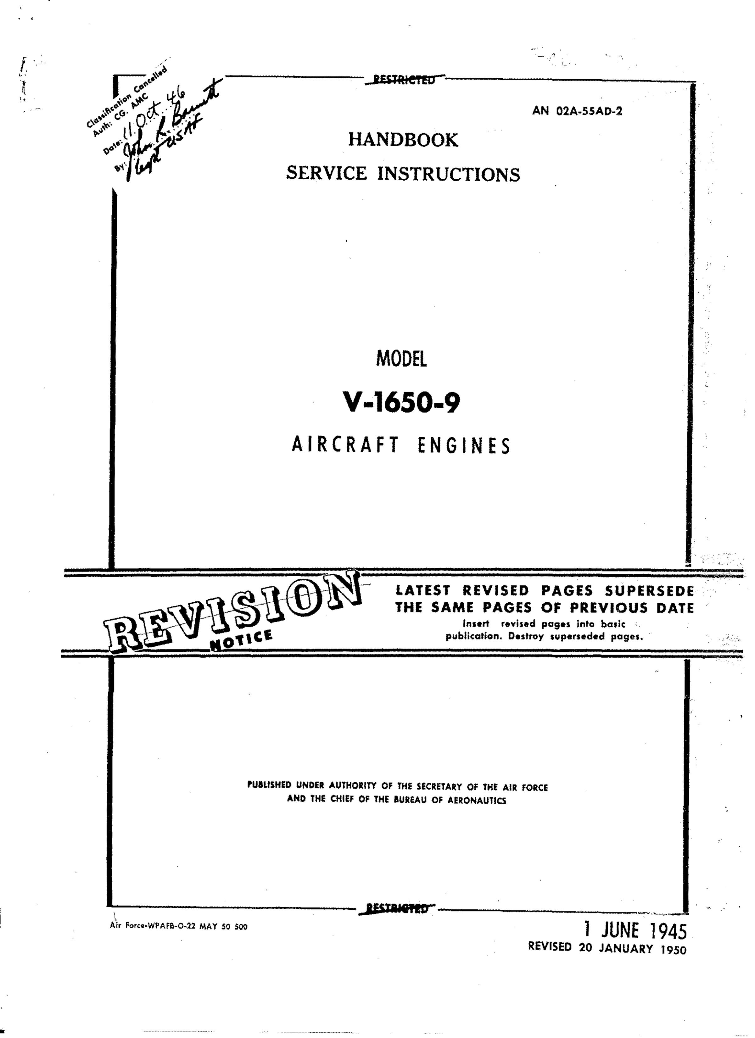 Sample page 1 from AirCorps Library document: Service Instructions for Model V-1650-9 Aircraft Engines