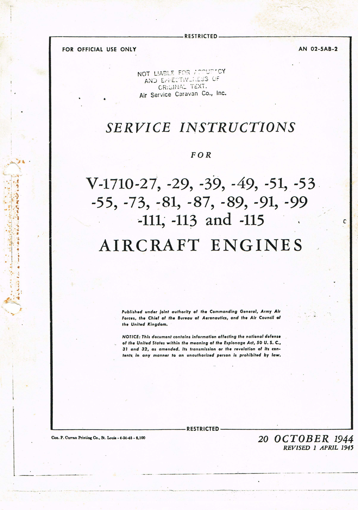 Sample page 1 from AirCorps Library document: Service Instructions for V-1710 Series