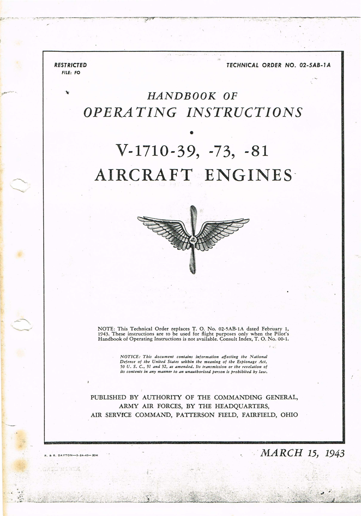 Sample page 1 from AirCorps Library document: Operating Instructions for V-1710-39, V-1710-73, and V-1710-81 Engines