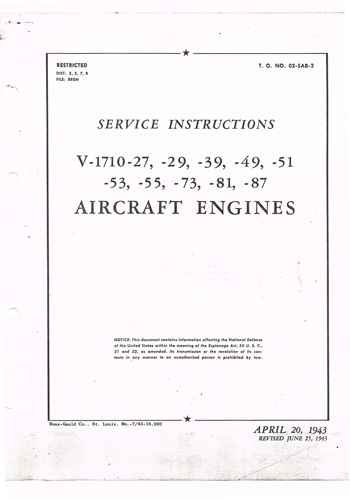 Sample page 1 from AirCorps Library document: Service Instructions for V-1710 Series Engines