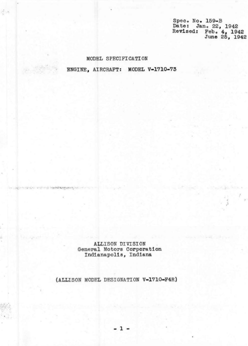 Sample page 1 from AirCorps Library document: Model Specification for Allison V-1710-73 Engine