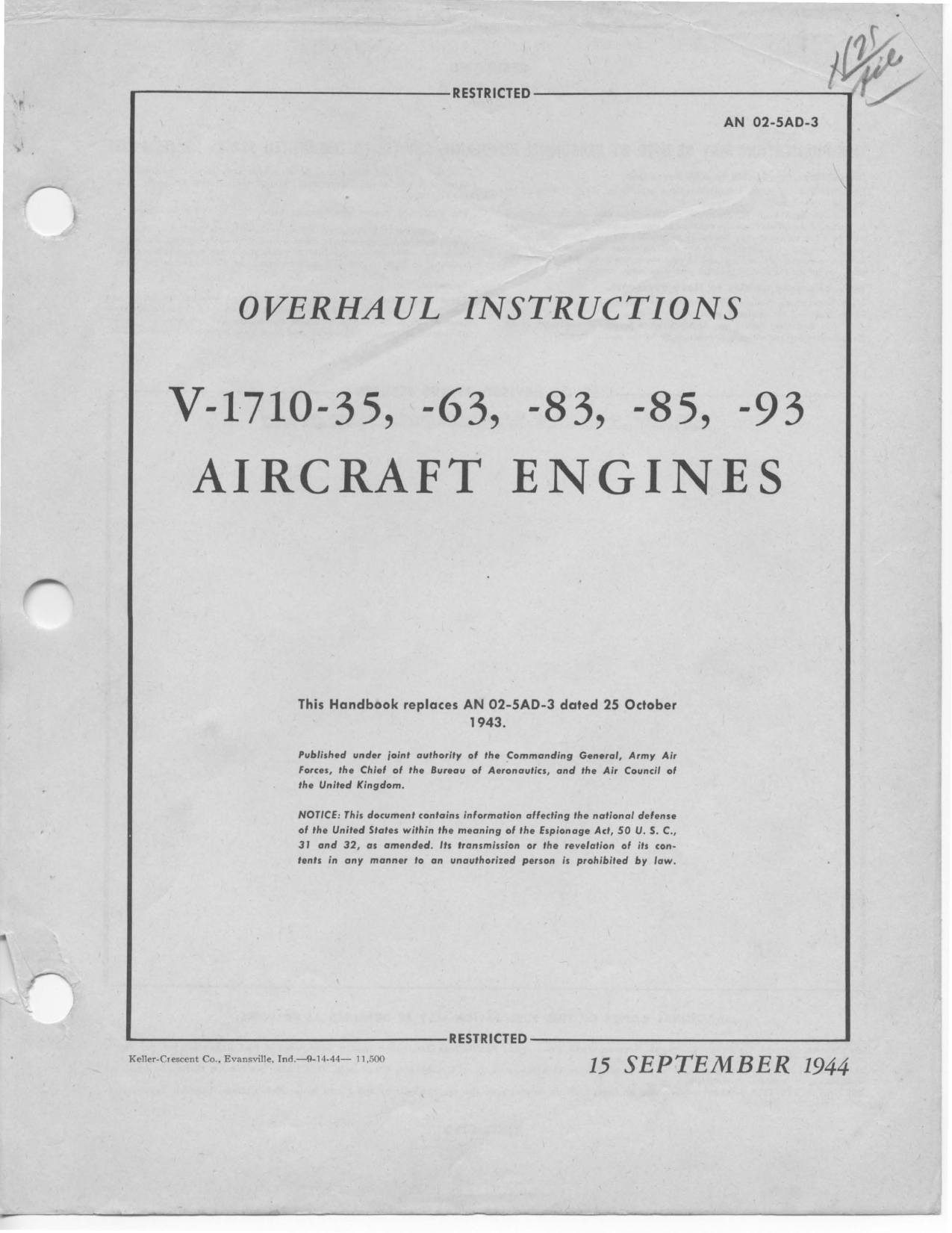 Sample page 1 from AirCorps Library document: Overhaul Instructions for V-1710-35, V-1710-63, V-1710-83, V-1710-85 and V-1710-93