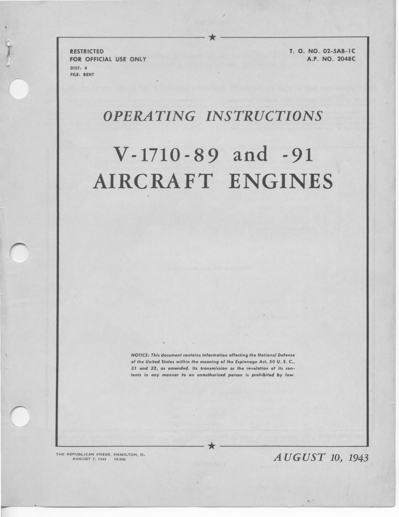 Sample page 1 from AirCorps Library document: Overhaul Instructions for V-1710-89 and V-1710-91 Engines