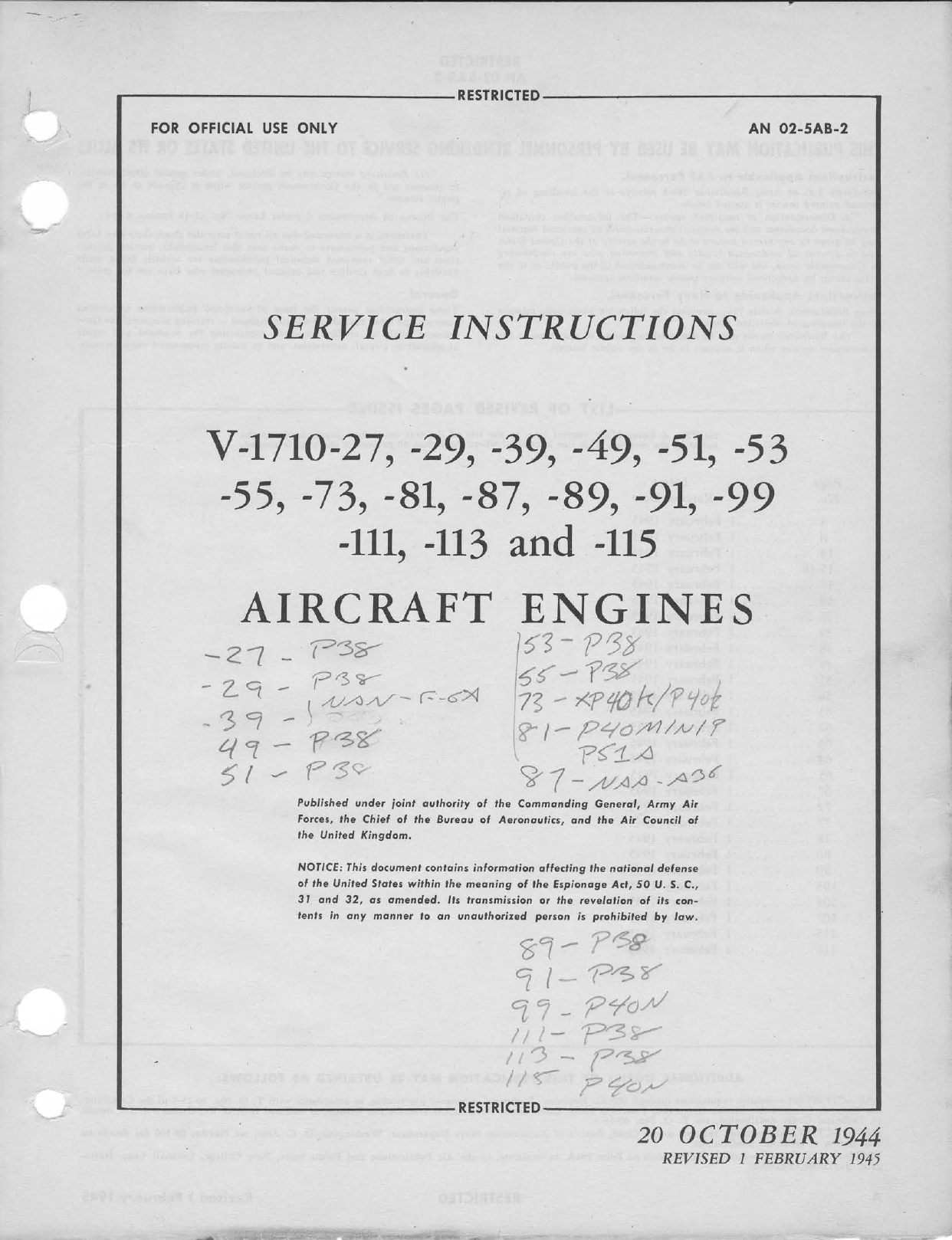 Sample page 1 from AirCorps Library document: Service Instructions for V-1710 Series Engines
