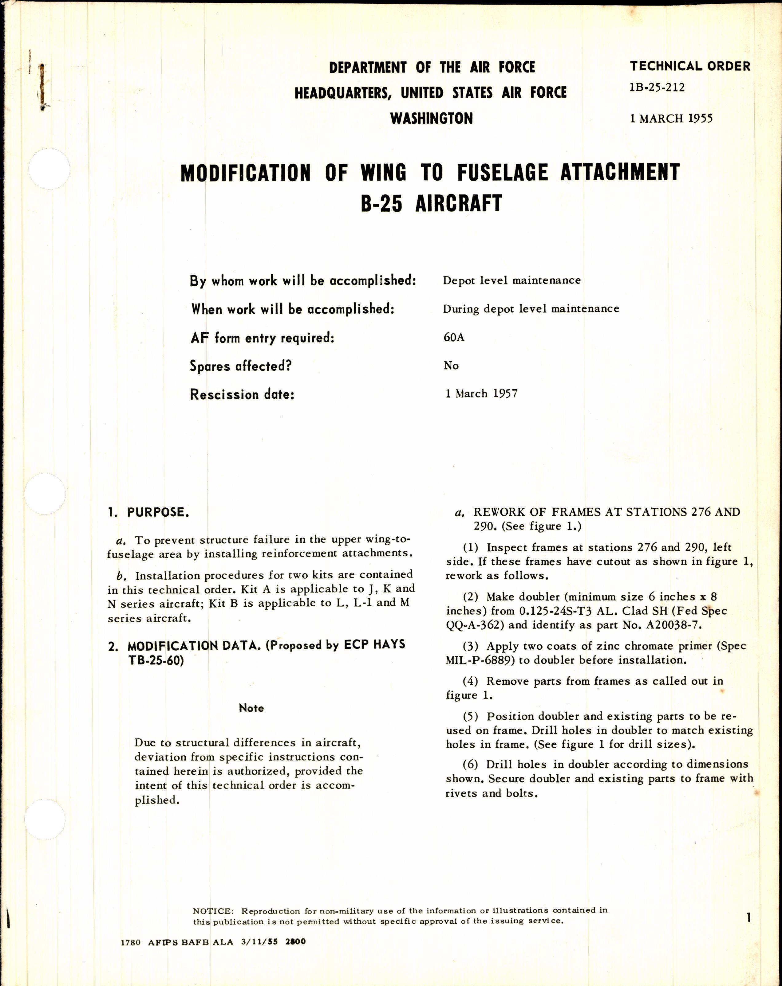 Sample page 1 from AirCorps Library document: Modification of Wing to Fuselage Attachment for B-25 Aircraft