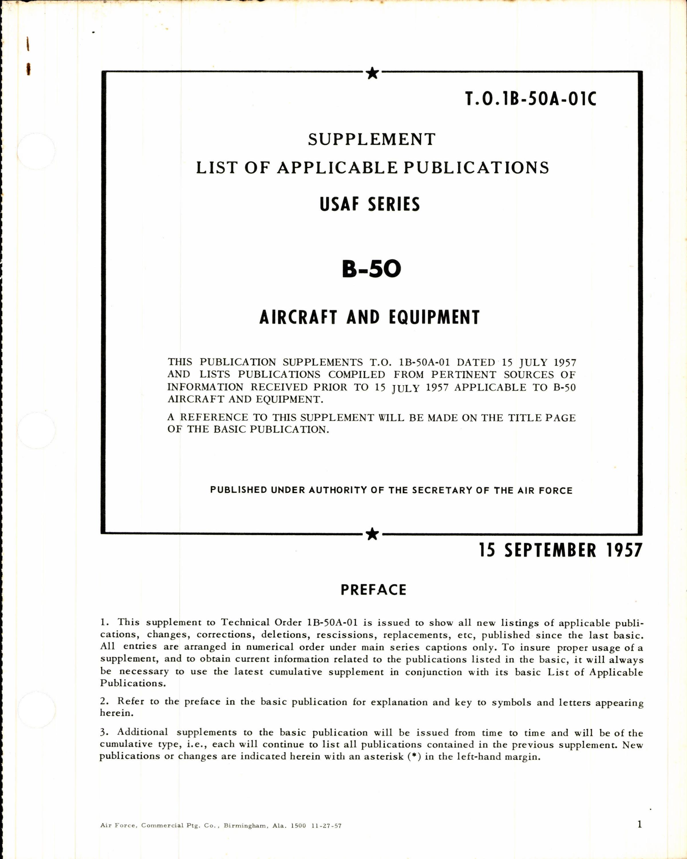 Sample page 1 from AirCorps Library document: Supplement List of Applicable Publications for B-50 Aircraft & Equipment