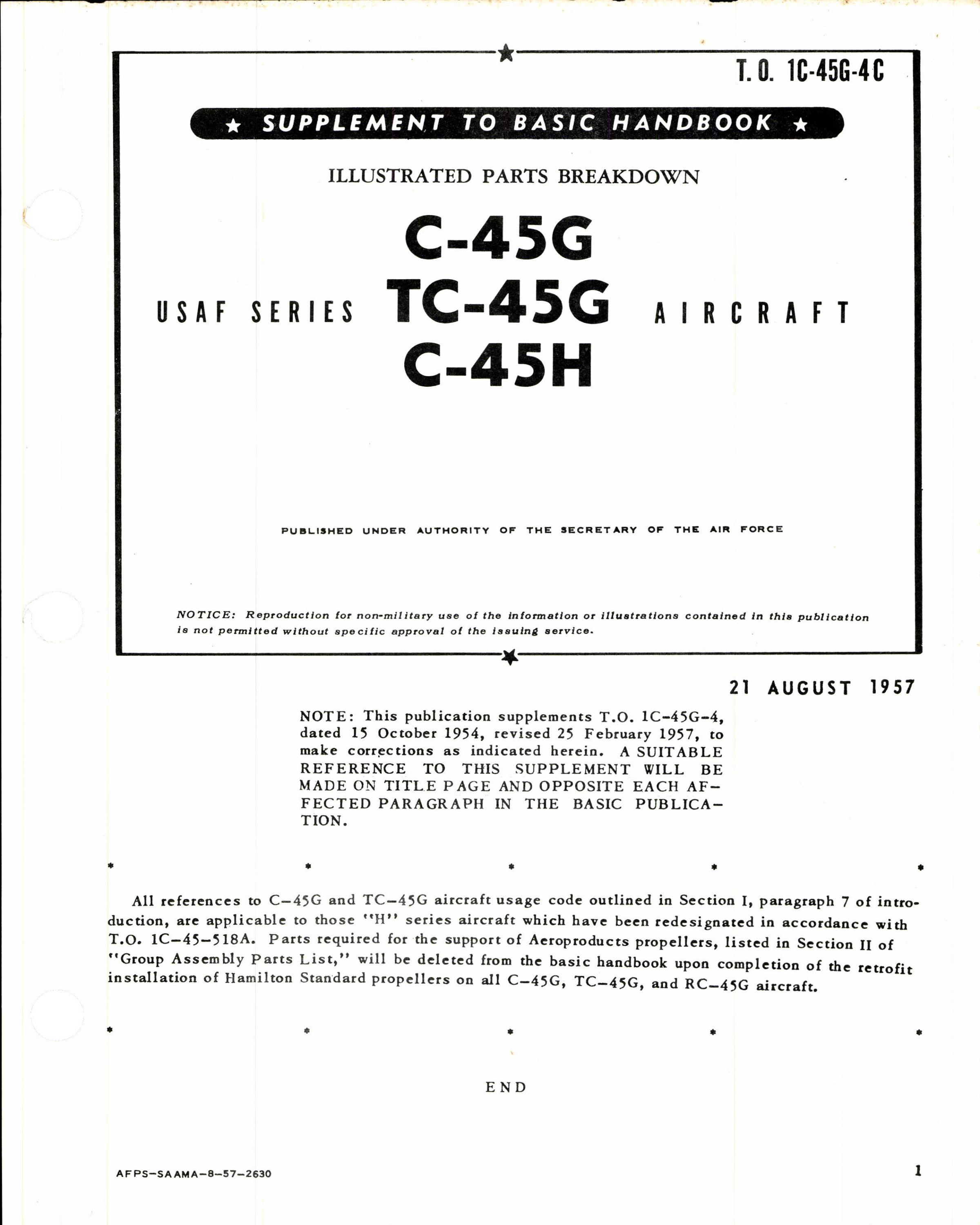 Sample page 1 from AirCorps Library document: Illustrated Parts Breakdown for C-45G, TC-45G, and C-45H