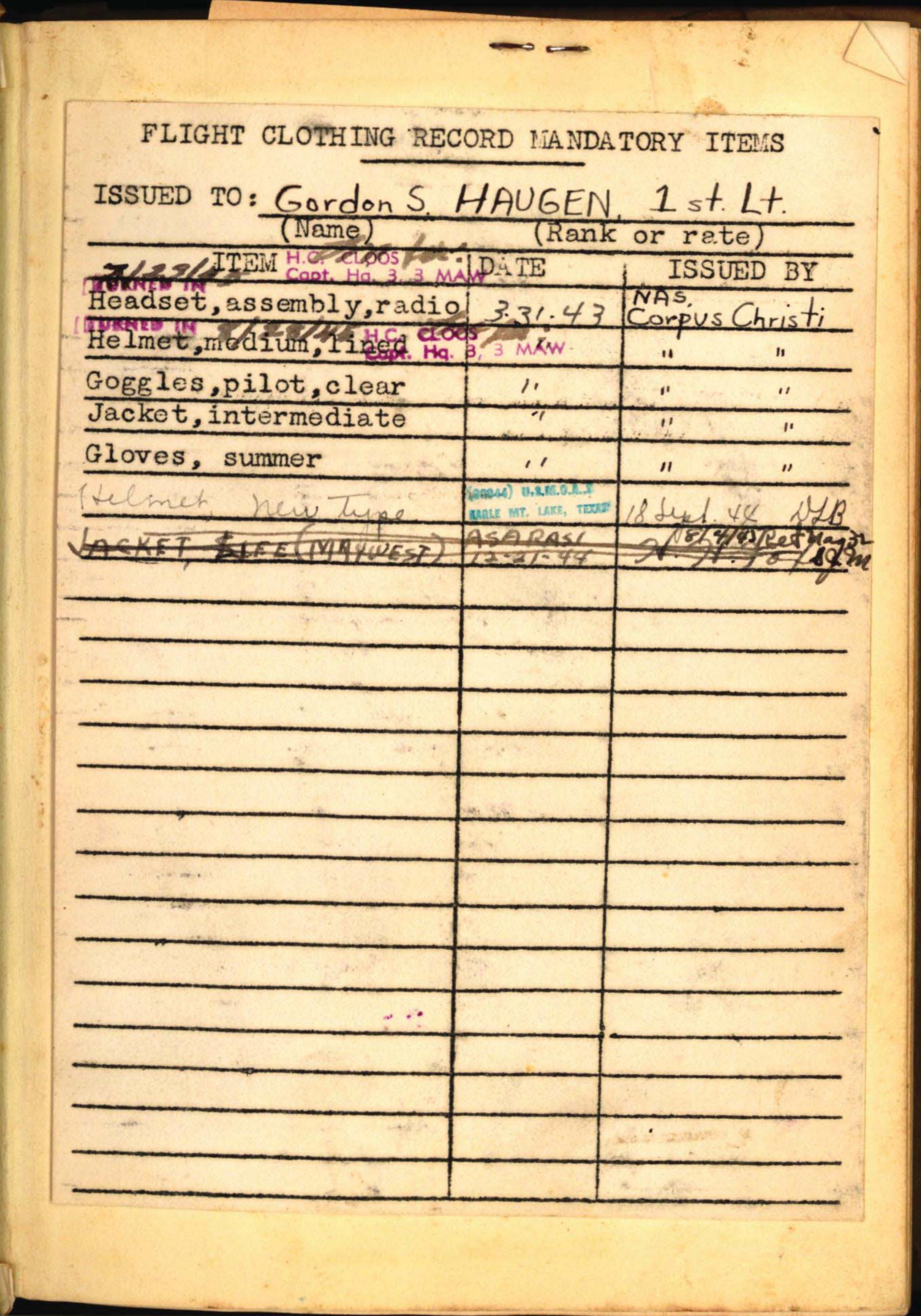 Sample page 3 from AirCorps Library document: 1st Lt. Gordon S. Haugen Flight Log
