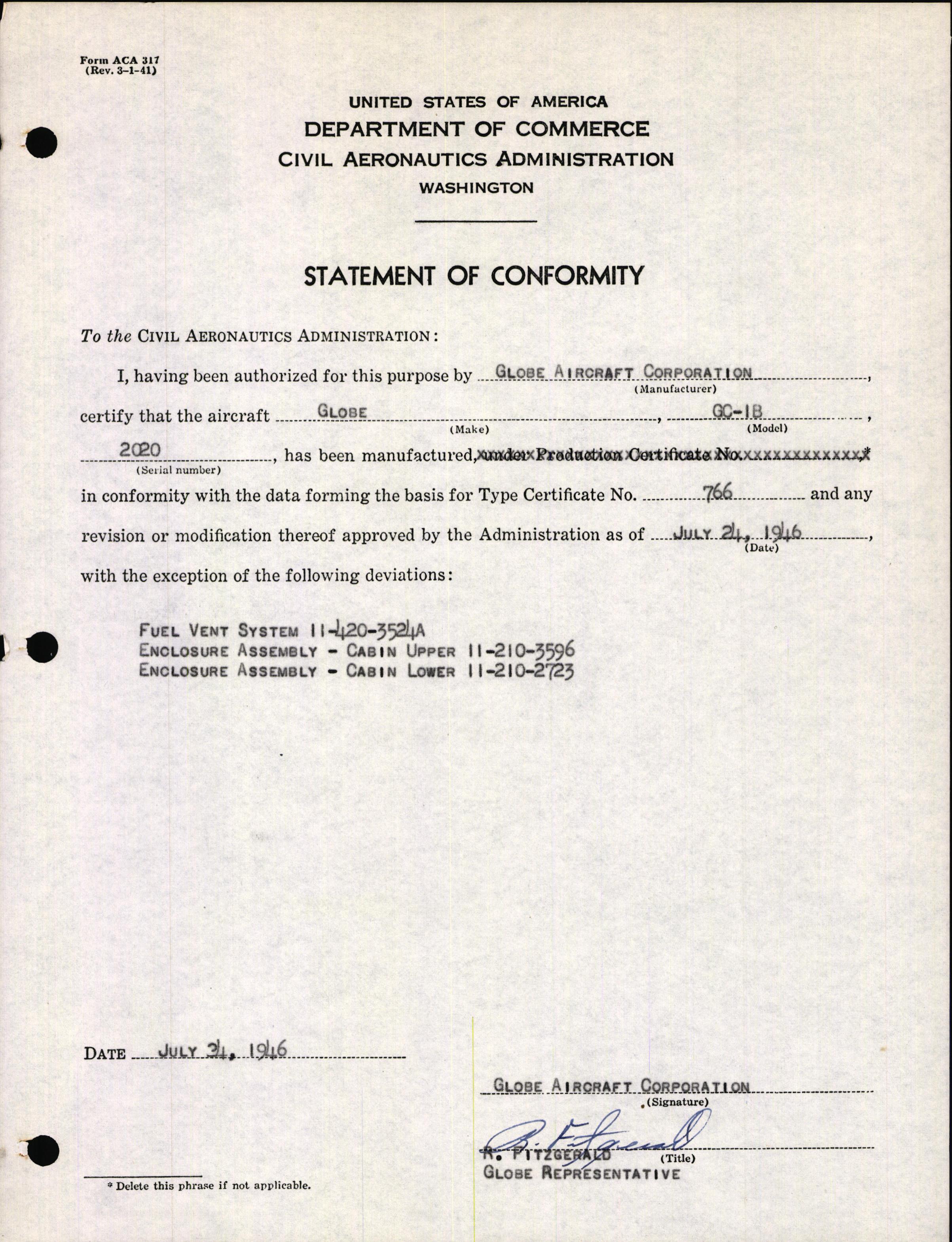 Sample page 3 from AirCorps Library document: Technical Information for Serial Number 2020